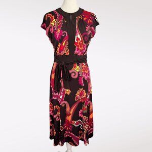 Tahari Arthur S. Levine Paisley Midi Dress Belted Cap Sleeve Size 2